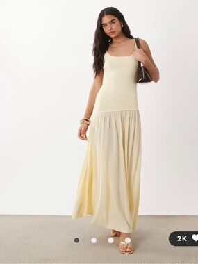 Mango scoop neck asymmetric drop waist maxi dress in pastel yellow